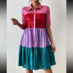 Color Block Metallic Shirt Dress